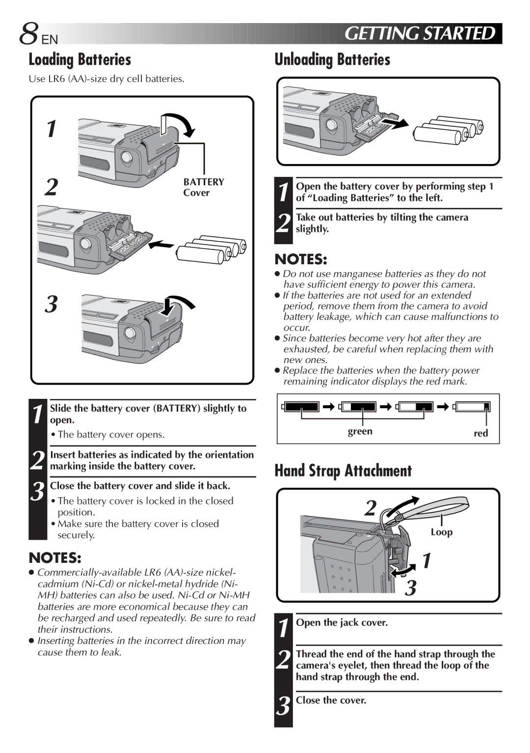 JVC LYT0143-001A manual Loading Batteries, Hand Strap Attachment, Unloading Batteries 