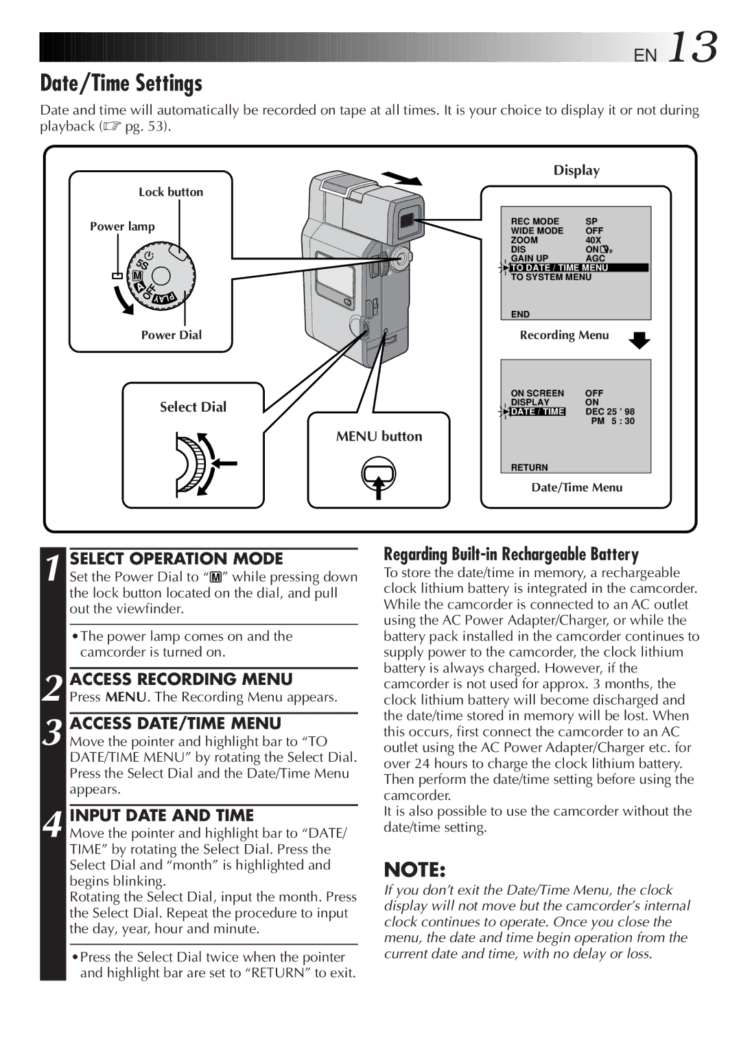 JVC LYT0152-001B manual Date/Time Settings, Select Operation Mode, Input Date and Time, Display, Select Dial Menu button 