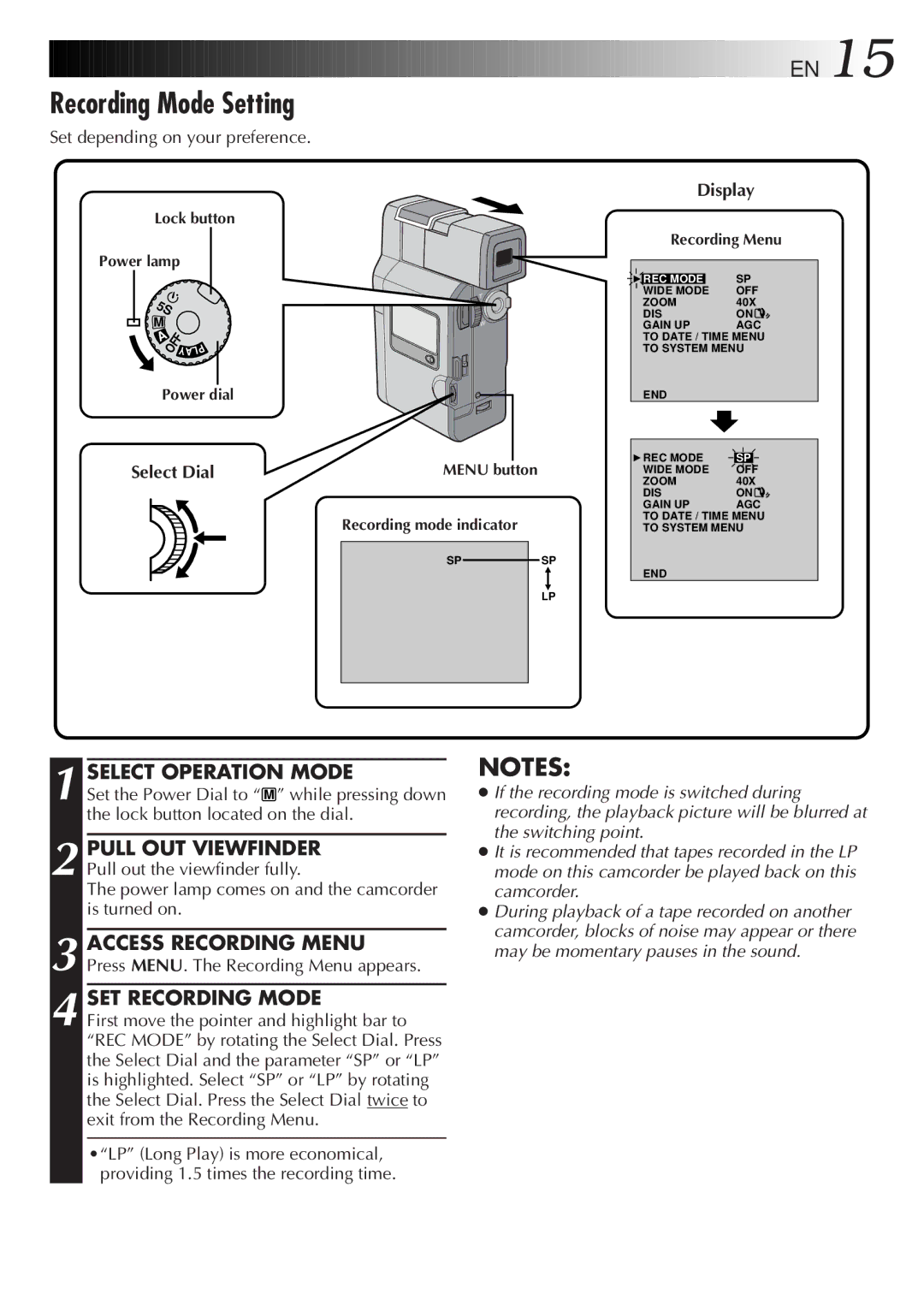 JVC LYT0152-001B manual Recording Mode Setting, SET Recording Mode, Set depending on your preference, Select Dial 