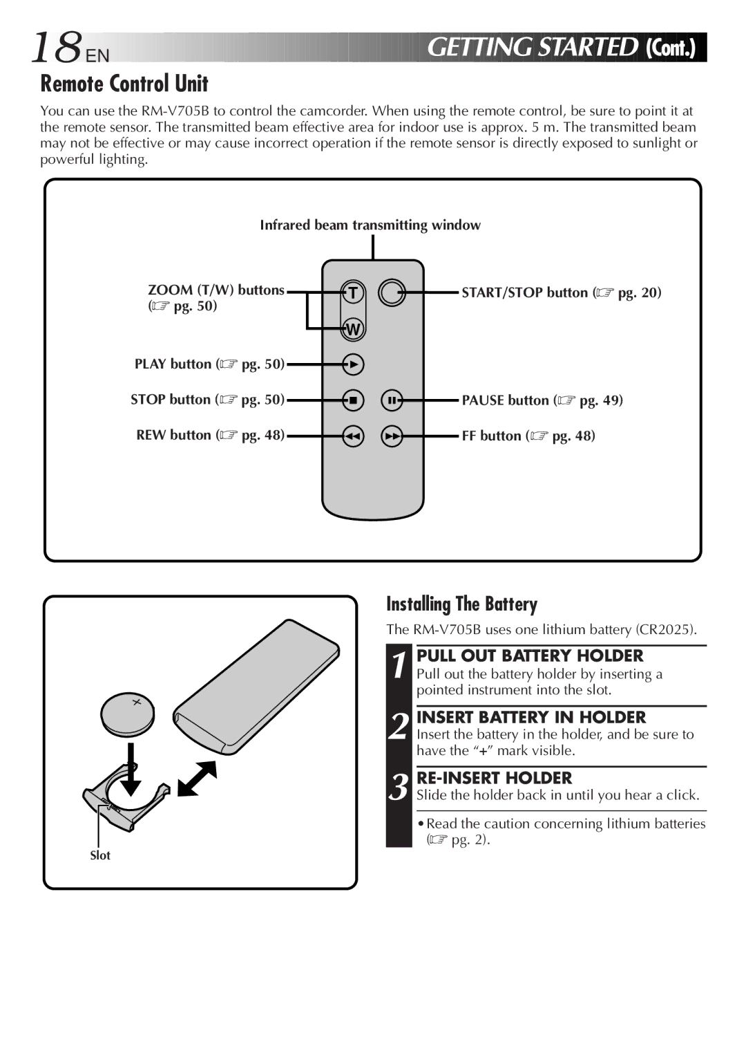 JVC LYT0152-001B manual Remote Control Unit, Installing The Battery, RE-INSERT Holder 