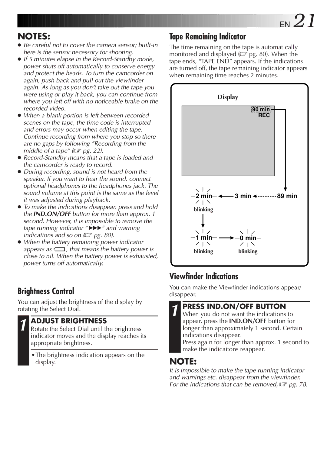 JVC LYT0152-001B manual Brightness Control, Tape Remaining Indicator, Viewfinder Indications, Adjust Brightness 