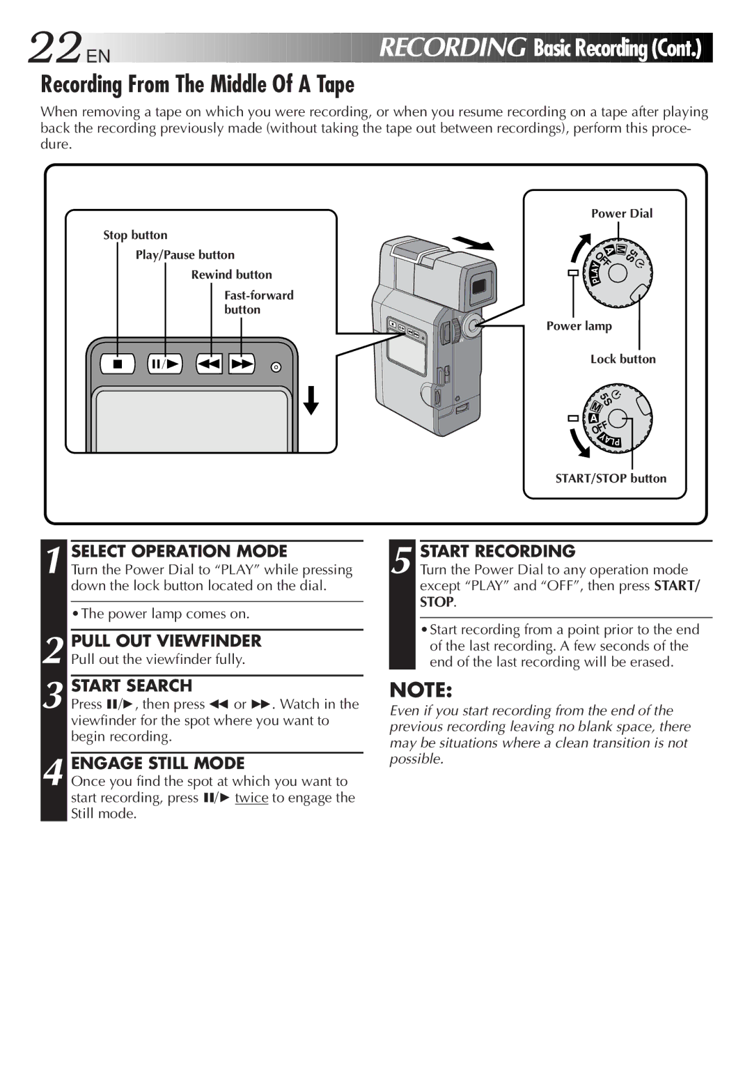 JVC LYT0152-001B manual Recording From The Middle Of a Tape 