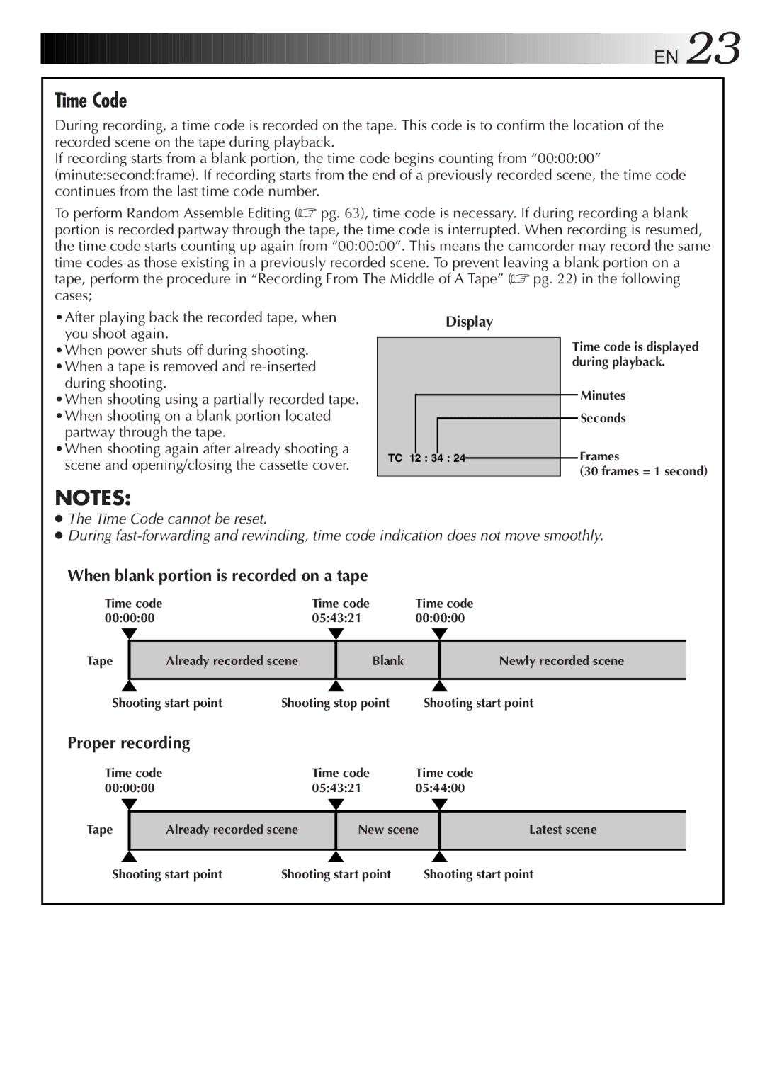 JVC LYT0152-001B manual Time Code, When blank portion is recorded on a tape, Proper recording, During shooting 