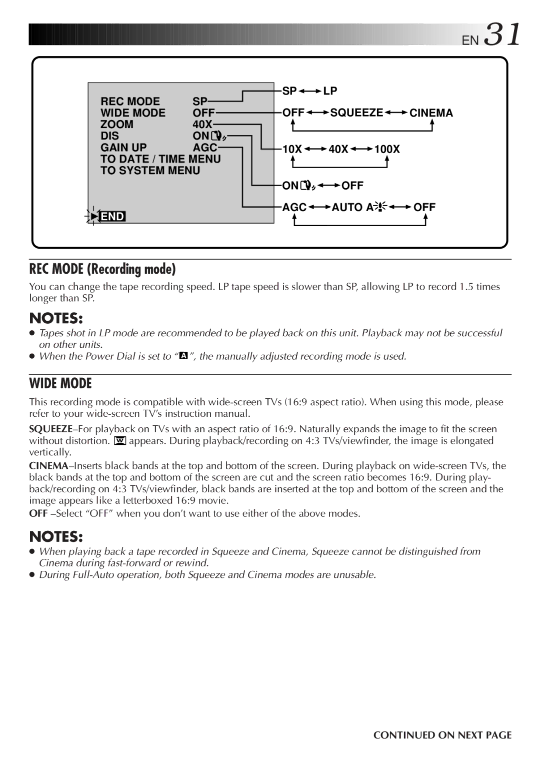 JVC LYT0152-001B manual REC Mode Recording mode, Wide Mode 