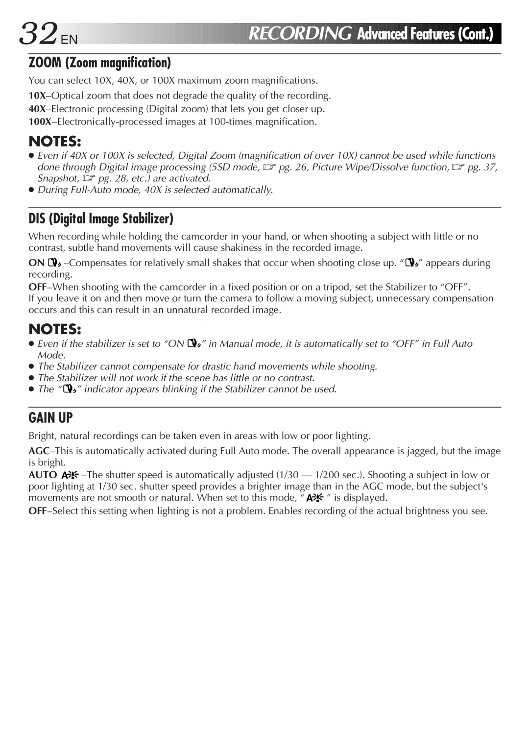 JVC LYT0152-001B manual Zoom Zoom magnification, DIS Digital Image Stabilizer 