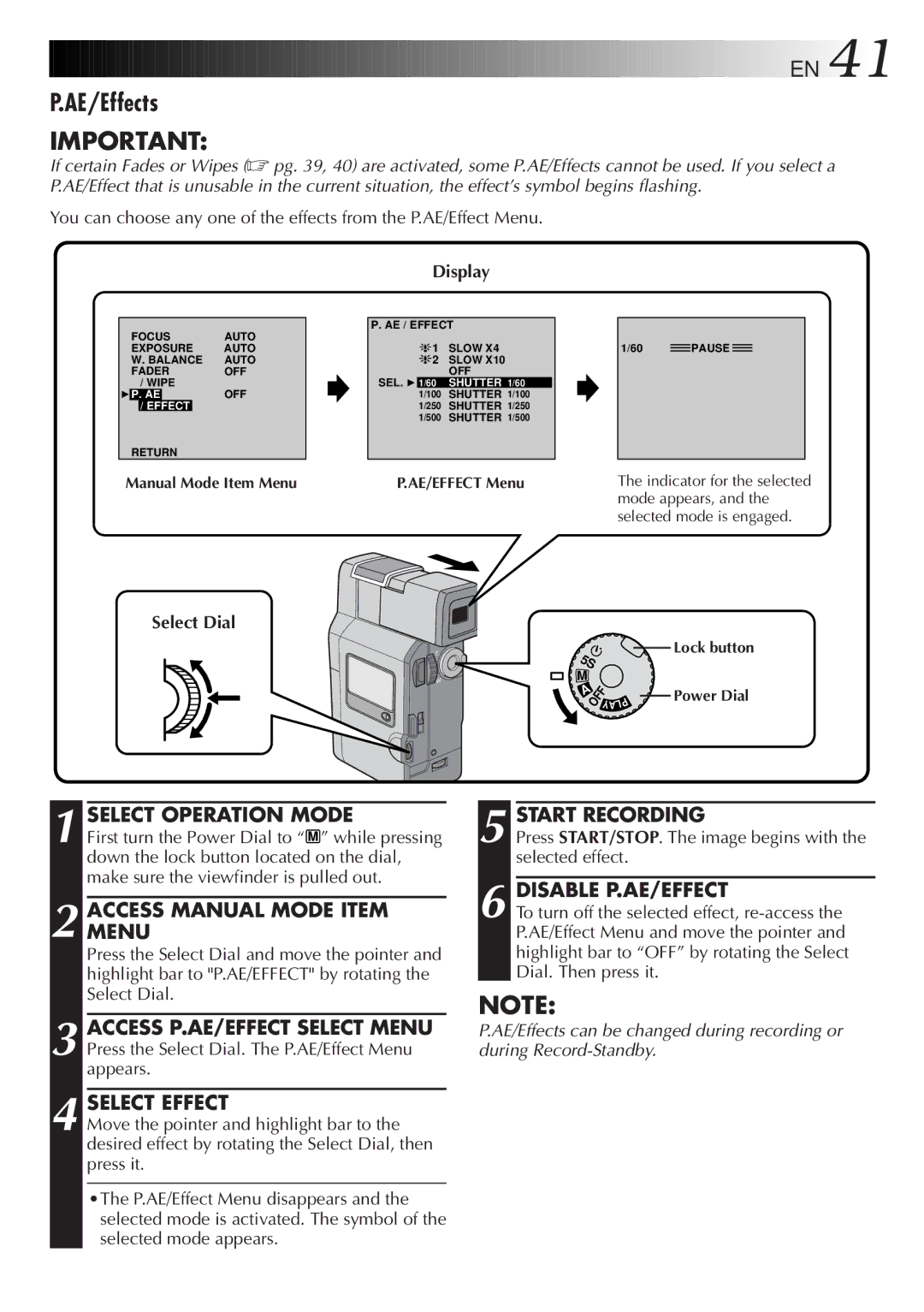 JVC LYT0152-001B manual AE/Effects, Disable P.AE/EFFECT, Press START/STOP. The image begins with the selected effect 