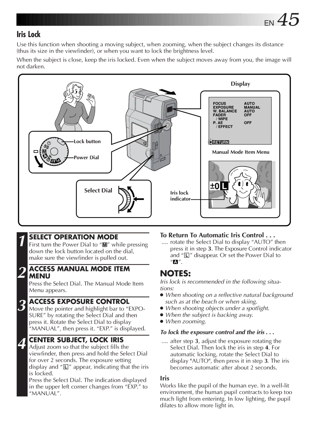 JVC LYT0152-001B manual Iris Lock, To Return To Automatic Iris Control, After , adjust the exposure rotating 