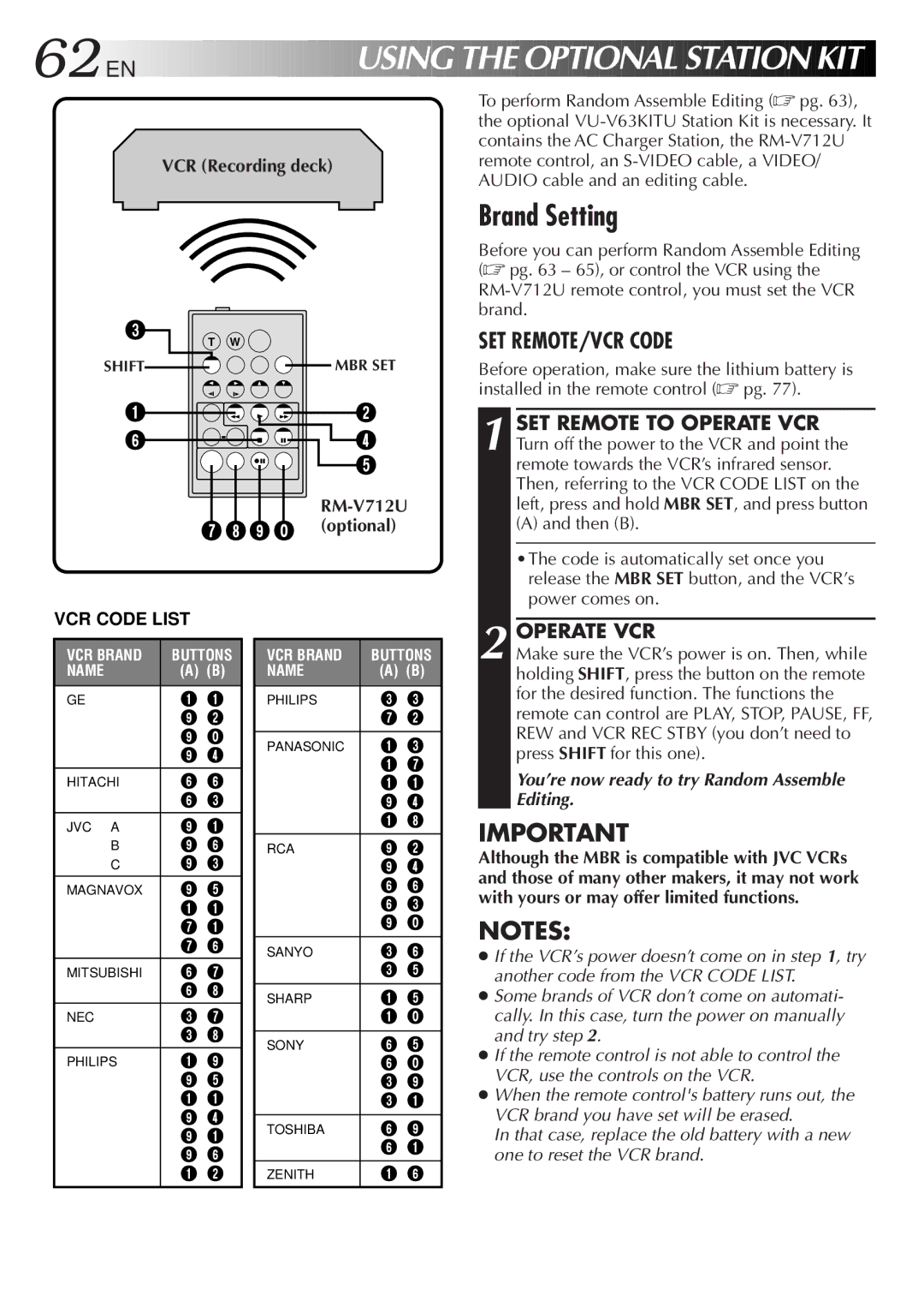 JVC LYT0152-001B manual Brand Setting, Operate VCR, RM-V712U 9 ` optional 