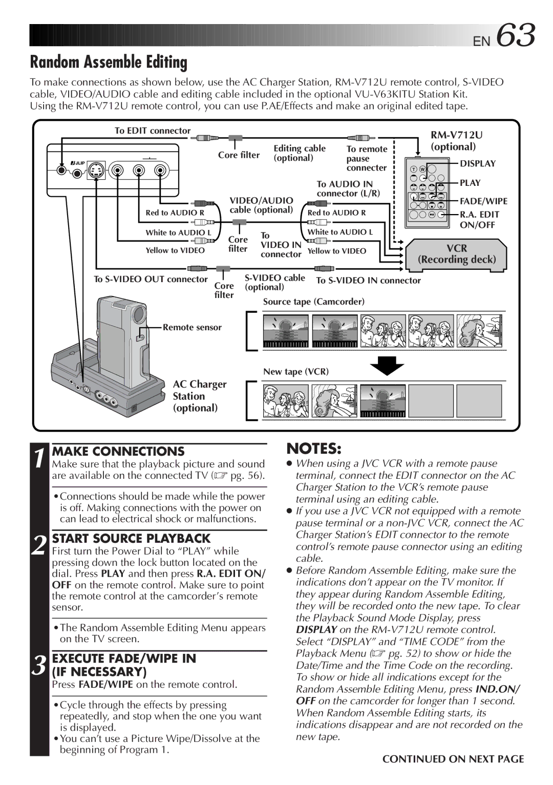 JVC LYT0152-001B manual Random Assemble Editing, Execute FADE/WIPE in if Necessary, AC Charger Station Optional 