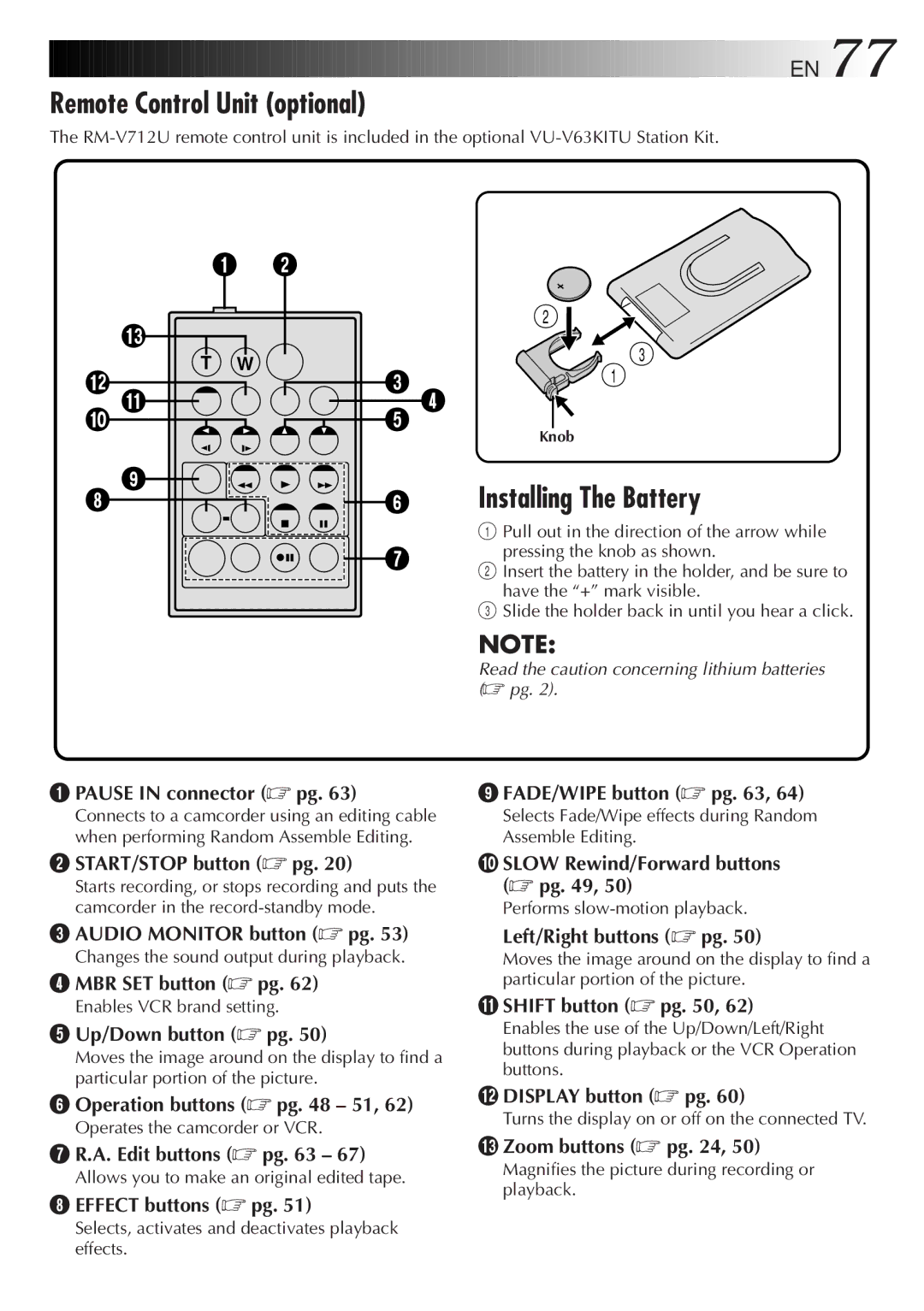 JVC LYT0152-001B manual Remote Control Unit optional, Installing The Battery 