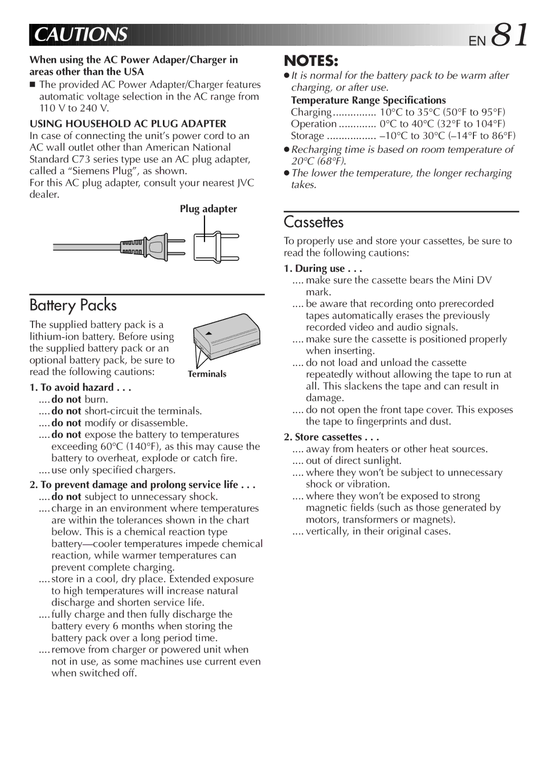 JVC LYT0152-001B manual Plug adapter, Temperature Range Specifications, To avoid hazard, During use, Store cassettes 