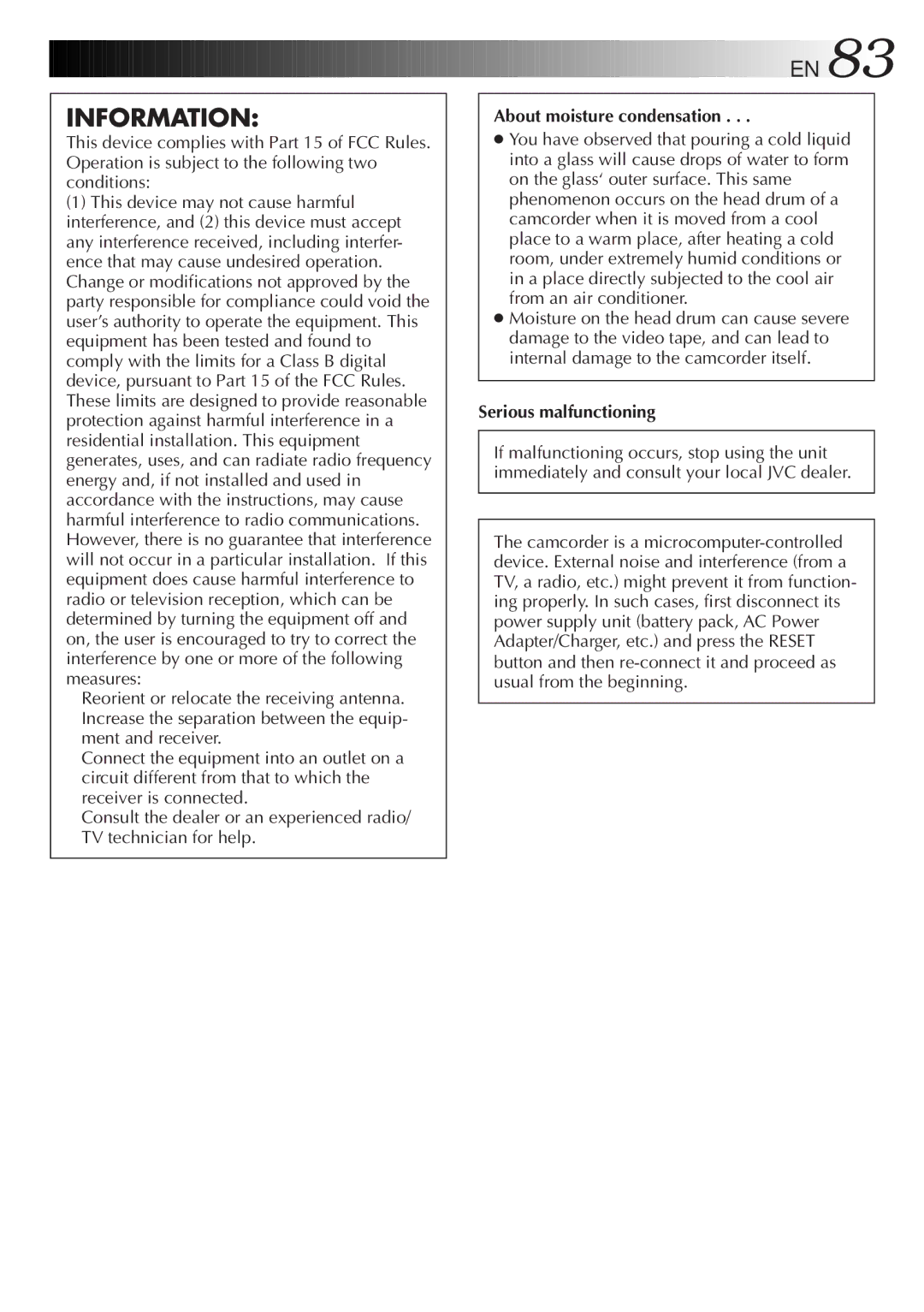 JVC LYT0152-001B manual About moisture condensation, Serious malfunctioning 