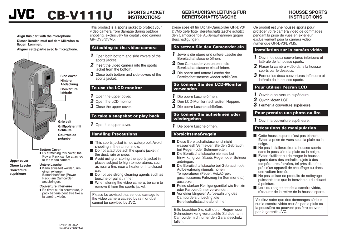 JVC CB-V111U, LYT0189-002A, 0398AYV*UN*SW manual Sports Jacket Gebrauchsanleitung FÜR, Instructions Bereitschaftstasche 