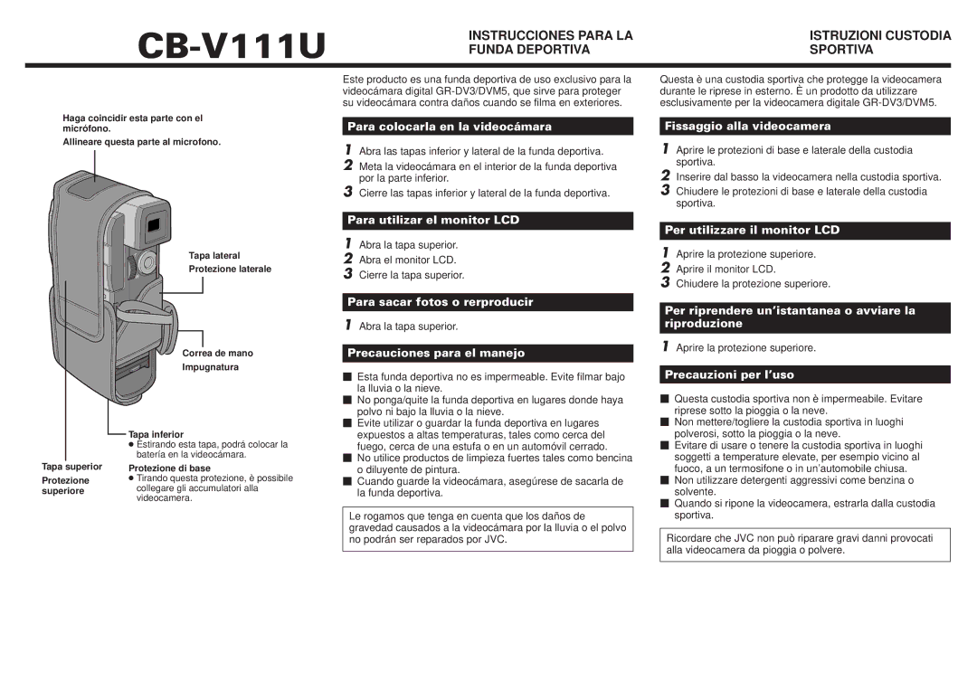 JVC 0398AYV*UN*SW, LYT0189-002A, CB-V111U manual Instrucciones Para LA, Funda Deportiva Sportiva 