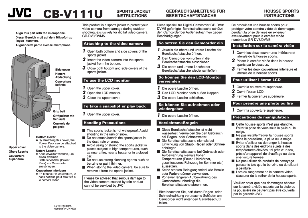 JVC CB-V111U, LYT0189-002A manual Sports Jacket, Gebrauchsanleitung Für, Instructions, Bereitschaftstasche, Housse Sports 