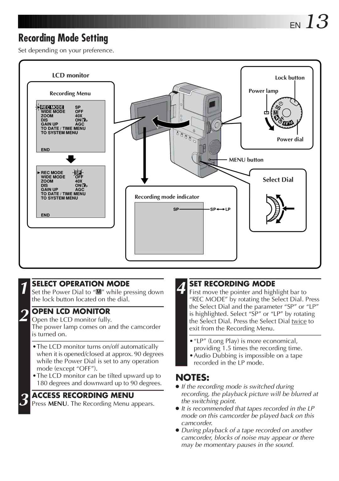 JVC LYT0190-001B manual Recording Mode Setting, SET Recording Mode, Select Dial 