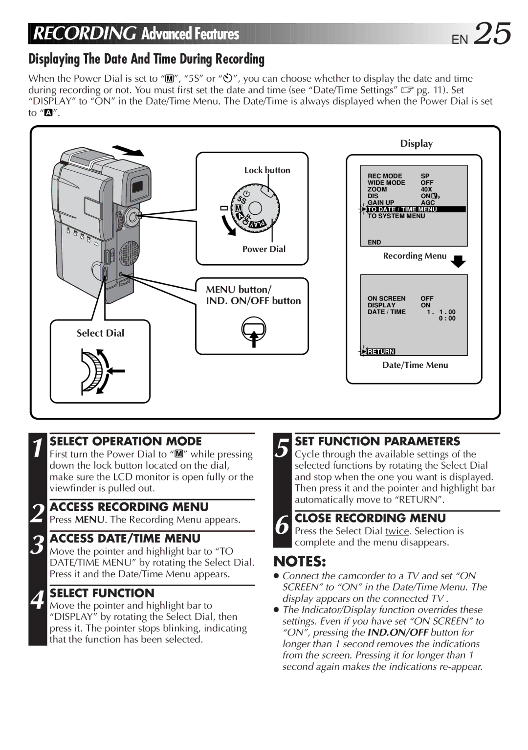 JVC LYT0190-001B manual Displaying The Date And Time During Recording, Select Function 