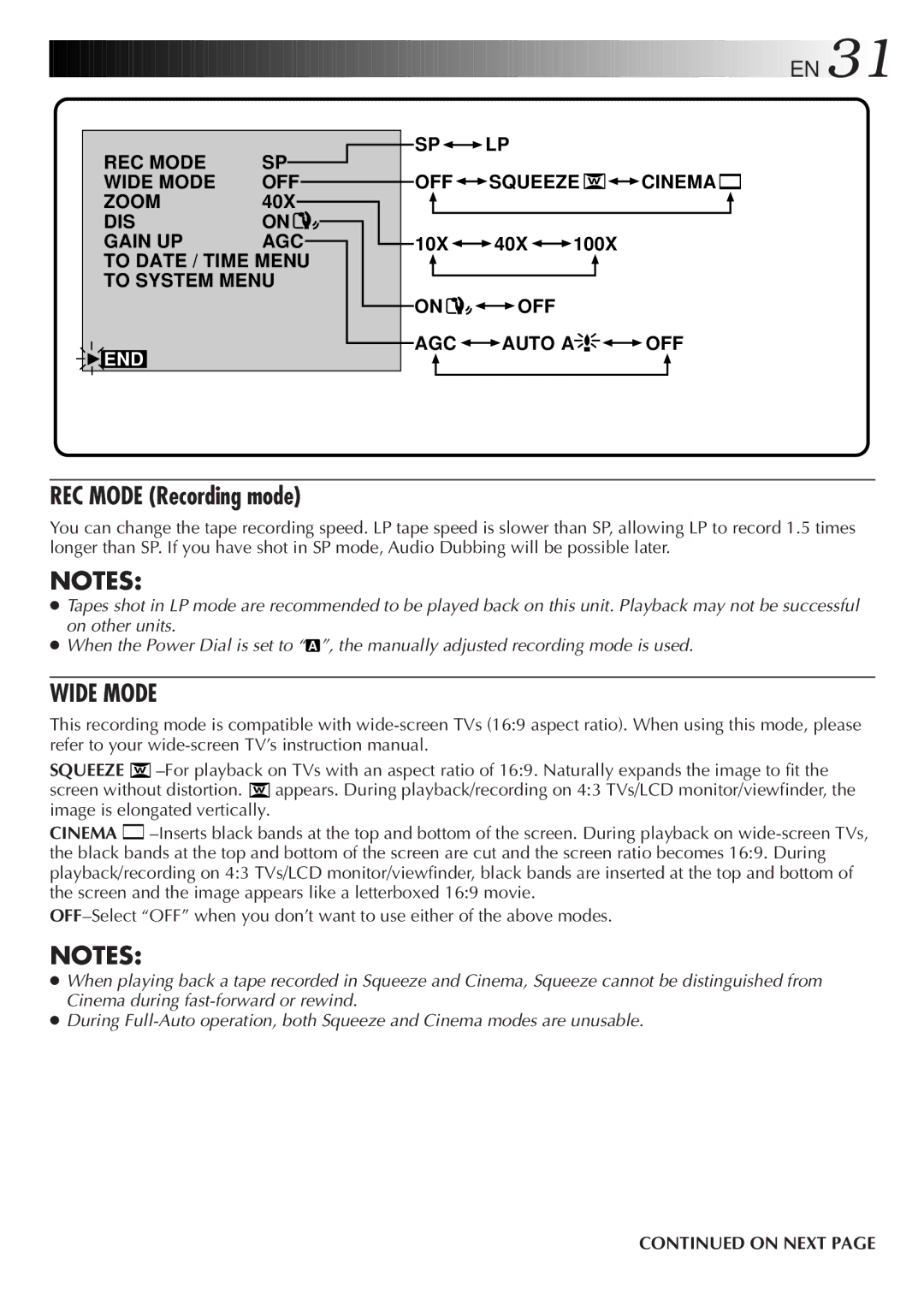 JVC LYT0190-001B manual REC Mode Recording mode, Wide Mode 