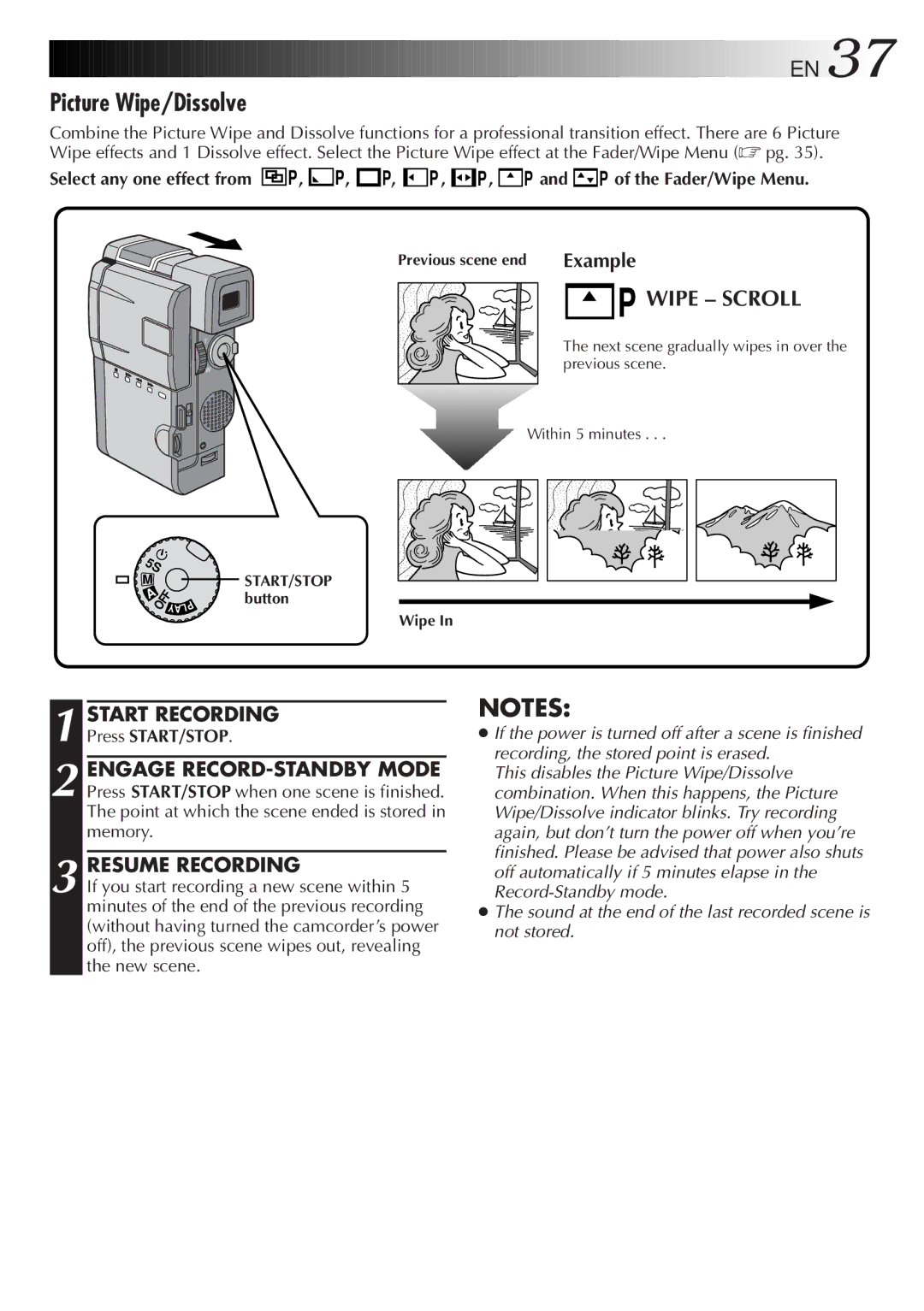 JVC LYT0190-001B manual Picture Wipe/Dissolve, Resume Recording, P and P of the Fader/Wipe Menu 