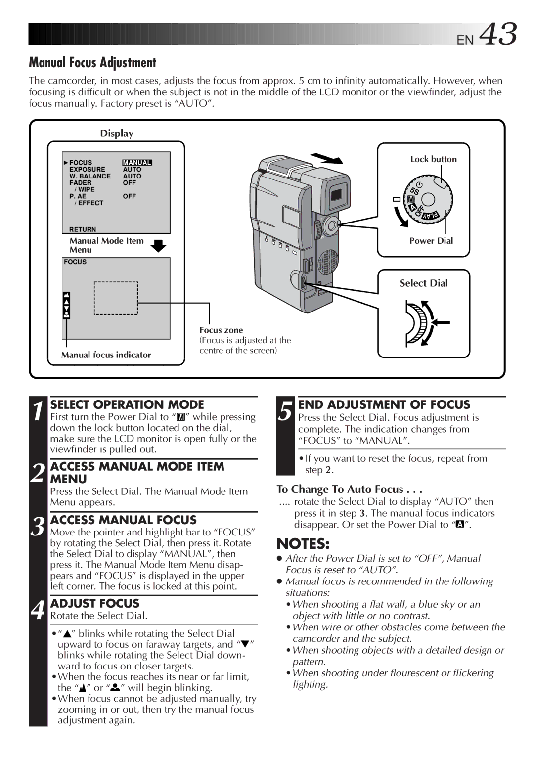 JVC LYT0190-001B manual Manual Focus Adjustment, Access Manual Focus, Adjust Focus, To Change To Auto Focus 