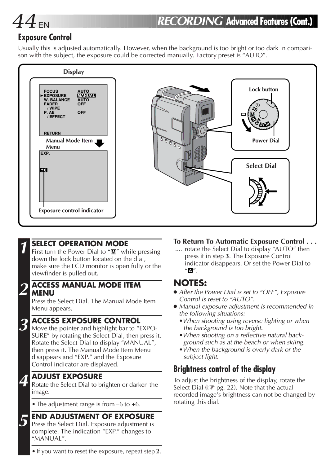 JVC LYT0190-001B manual Exposure Control, Brightness control of the display, Adjust Exposure 