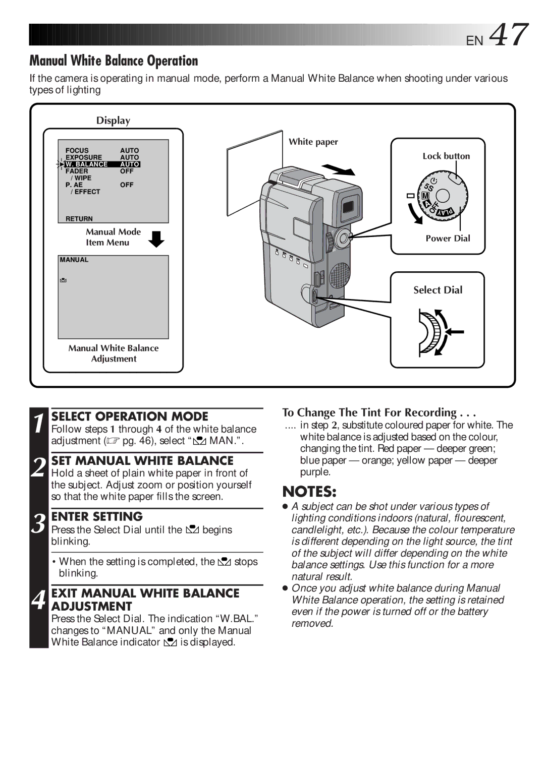 JVC LYT0190-001B manual Manual White Balance Operation, Enter Setting, Exit Manual White Balance Adjustment 