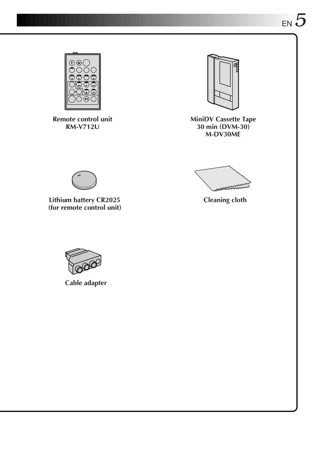 JVC LYT0190-001B manual RM-V712U Min DVM-30, DV30ME, Lithium battery CR2025, For remote control unit Cable adapter 