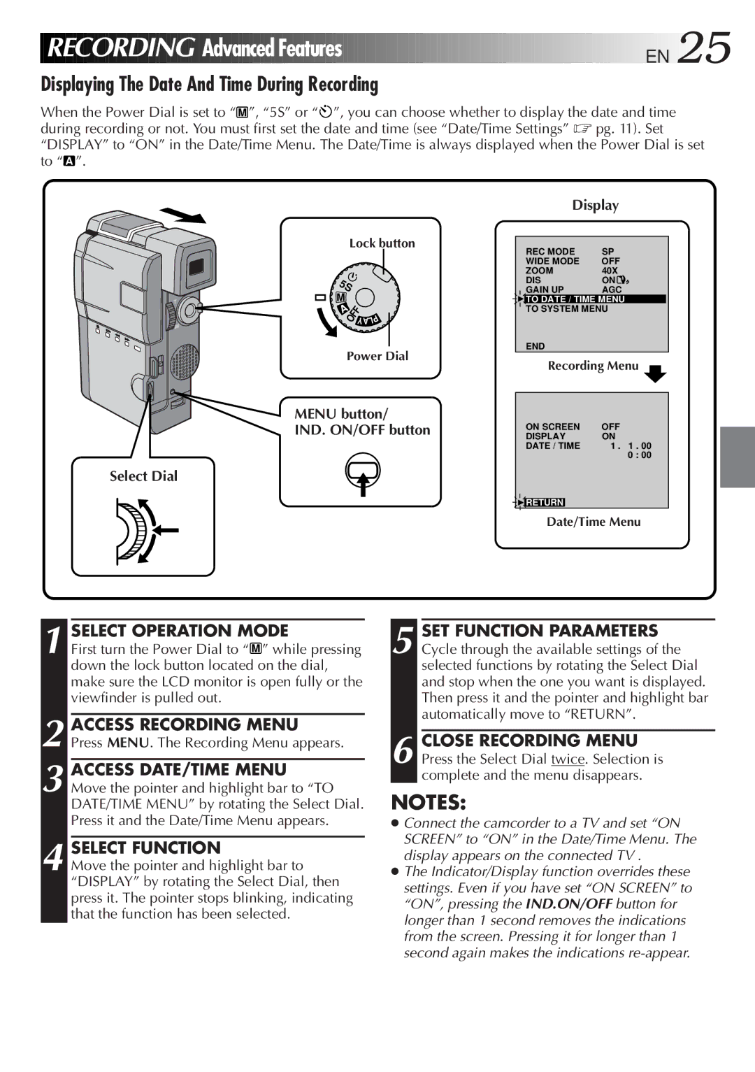 JVC LYT0191-001B specifications Displaying The Date And Time During Recording, Select Function 