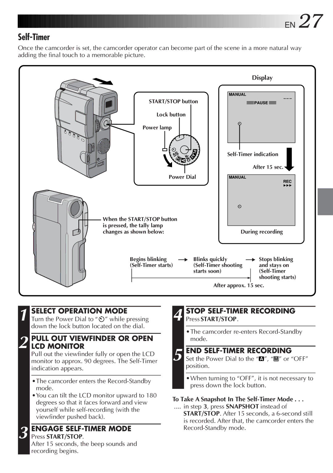 JVC LYT0191-001B specifications Self-Timer, Engage SELF-TIMER Mode, Stop SELF-TIMER Recording, END SELF-TIMER Recording 