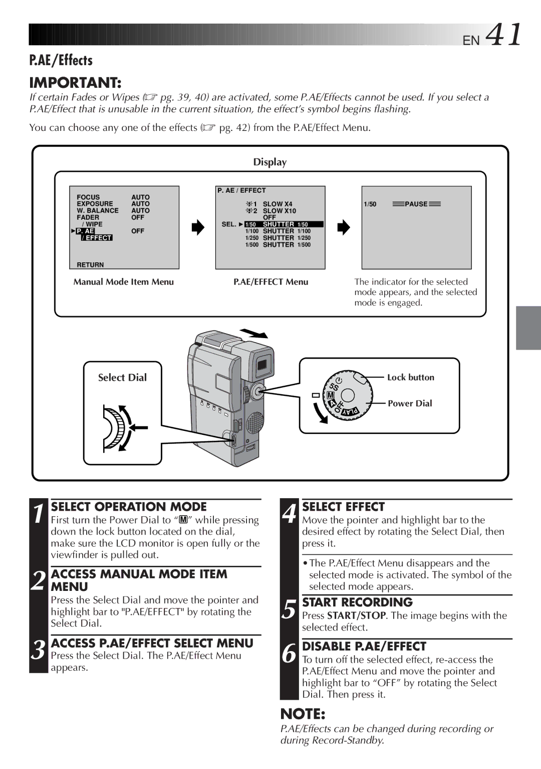 JVC LYT0191-001B AE/Effects, Disable P.AE/EFFECT, Press START/STOP. The image begins with the selected effect 