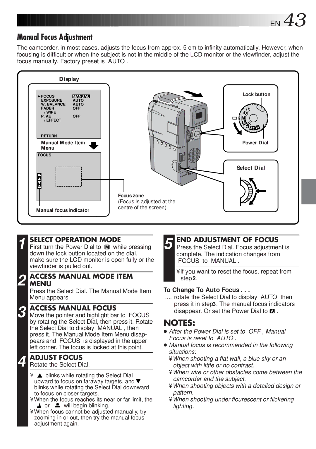 JVC LYT0191-001B specifications Manual Focus Adjustment, Access Manual Focus, Adjust Focus, To Change To Auto Focus 