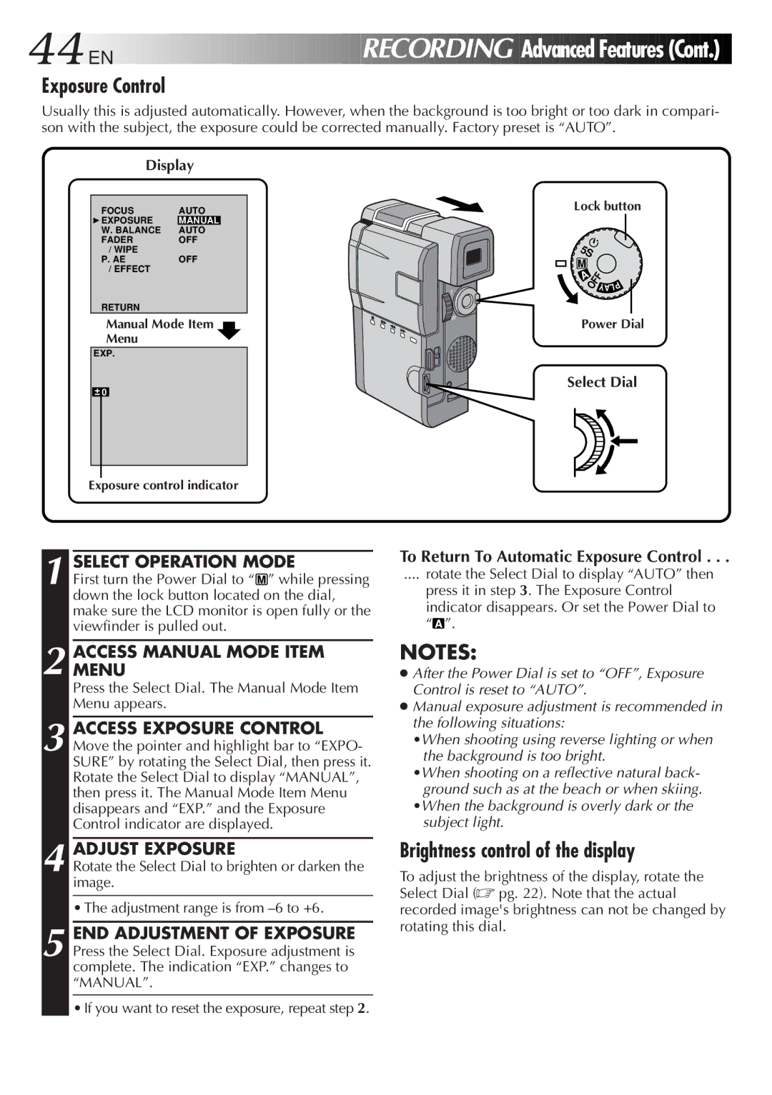 JVC LYT0191-001B specifications Exposure Control, Brightness control of the display, Adjust Exposure 