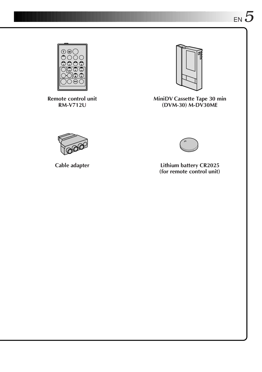 JVC LYT0192-001B manual RM-V712U DVM-30 M-DV30ME Cable adapter, Lithium battery CR2025 