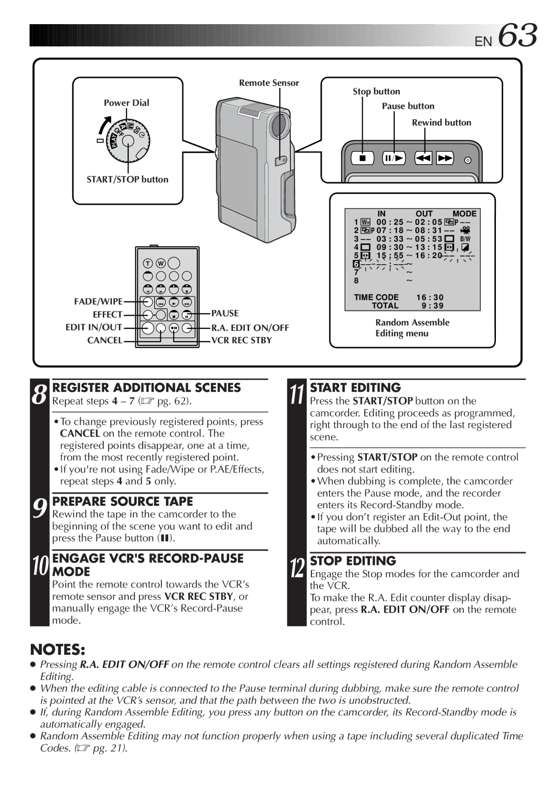 JVC LYT0192-001B manual Engagemode Vcrs RECORD-PAUSE, Start Editing, Stop Editing 