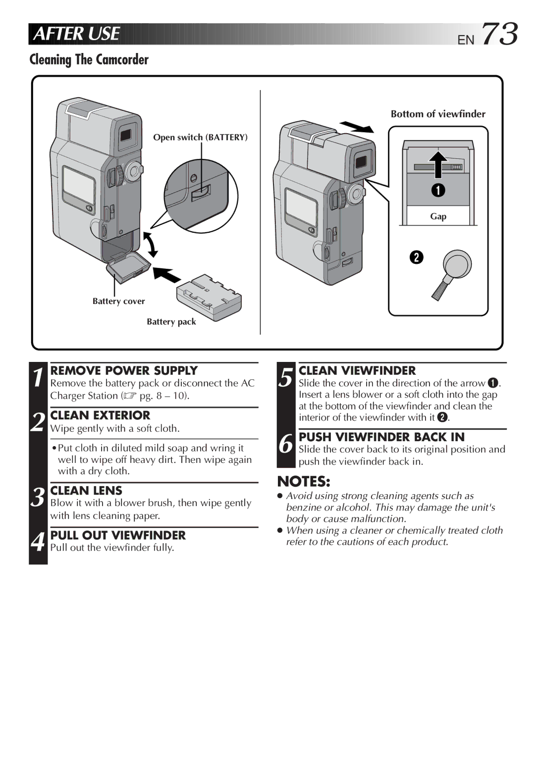 JVC LYT0192-001B manual Cleaning The Camcorder, Remove Power Supply, Clean Lens, Clean Viewfinder, Push Viewfinder Back 