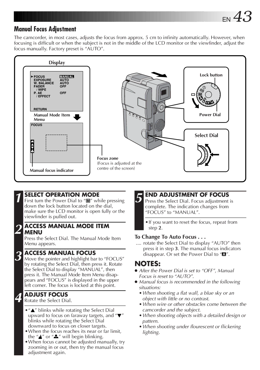 JVC LYT0201-001A manual Manual Focus Adjustment, Access Manual Focus, Adjust Focus, To Change To Auto Focus 