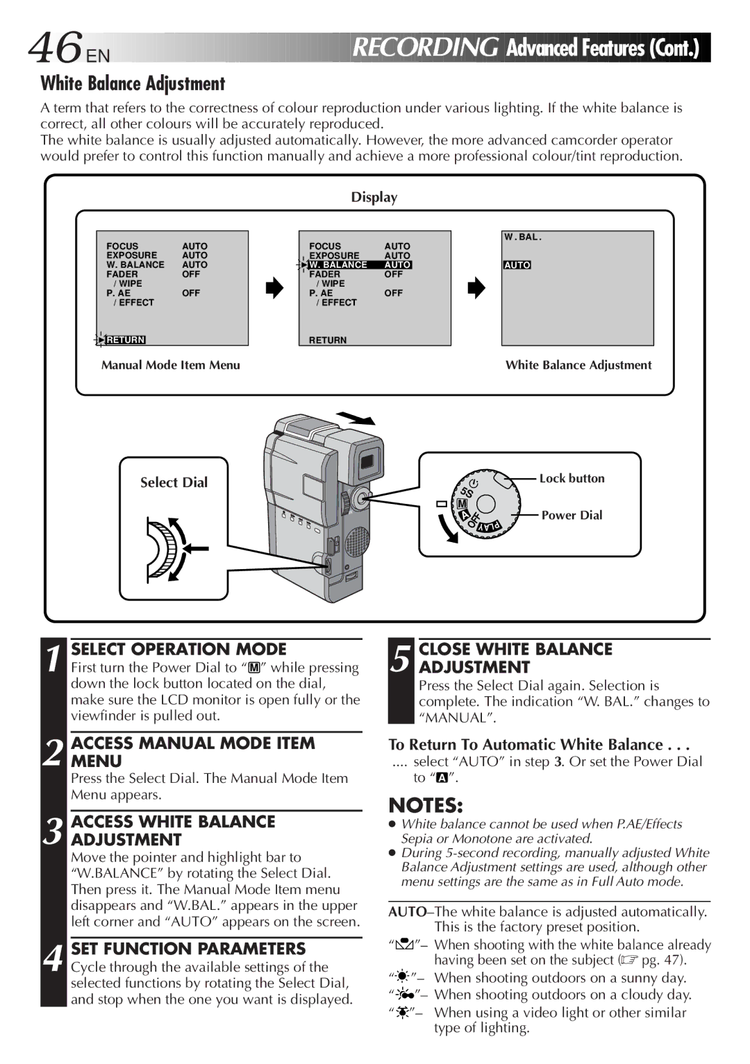 JVC LYT0201-001A Access White Balance Adjustment, Close White Balance Adjustment, To Return To Automatic White Balance 