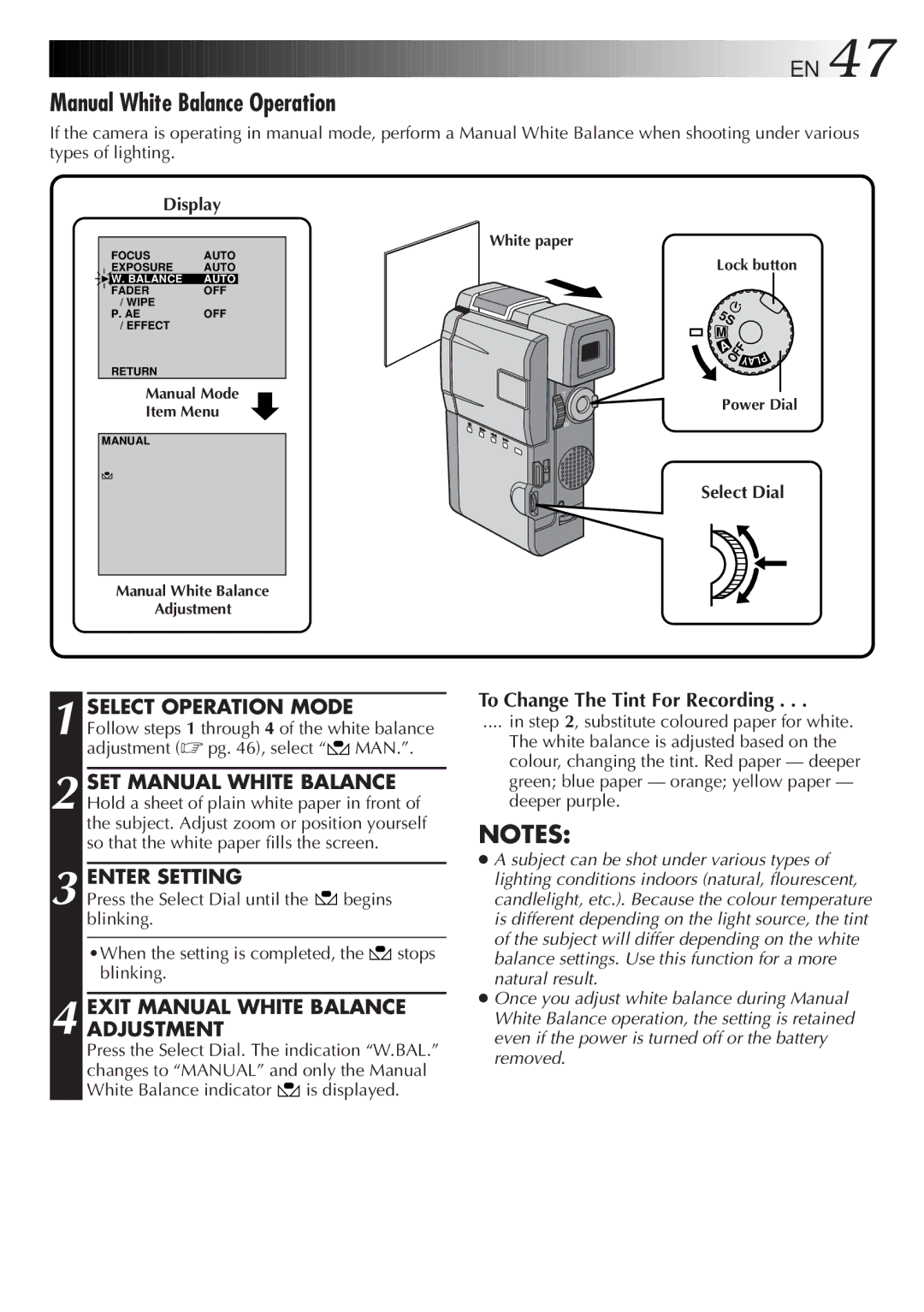 JVC LYT0201-001A manual Manual White Balance Operation, Enter Setting, Exit Manual White Balance Adjustment 