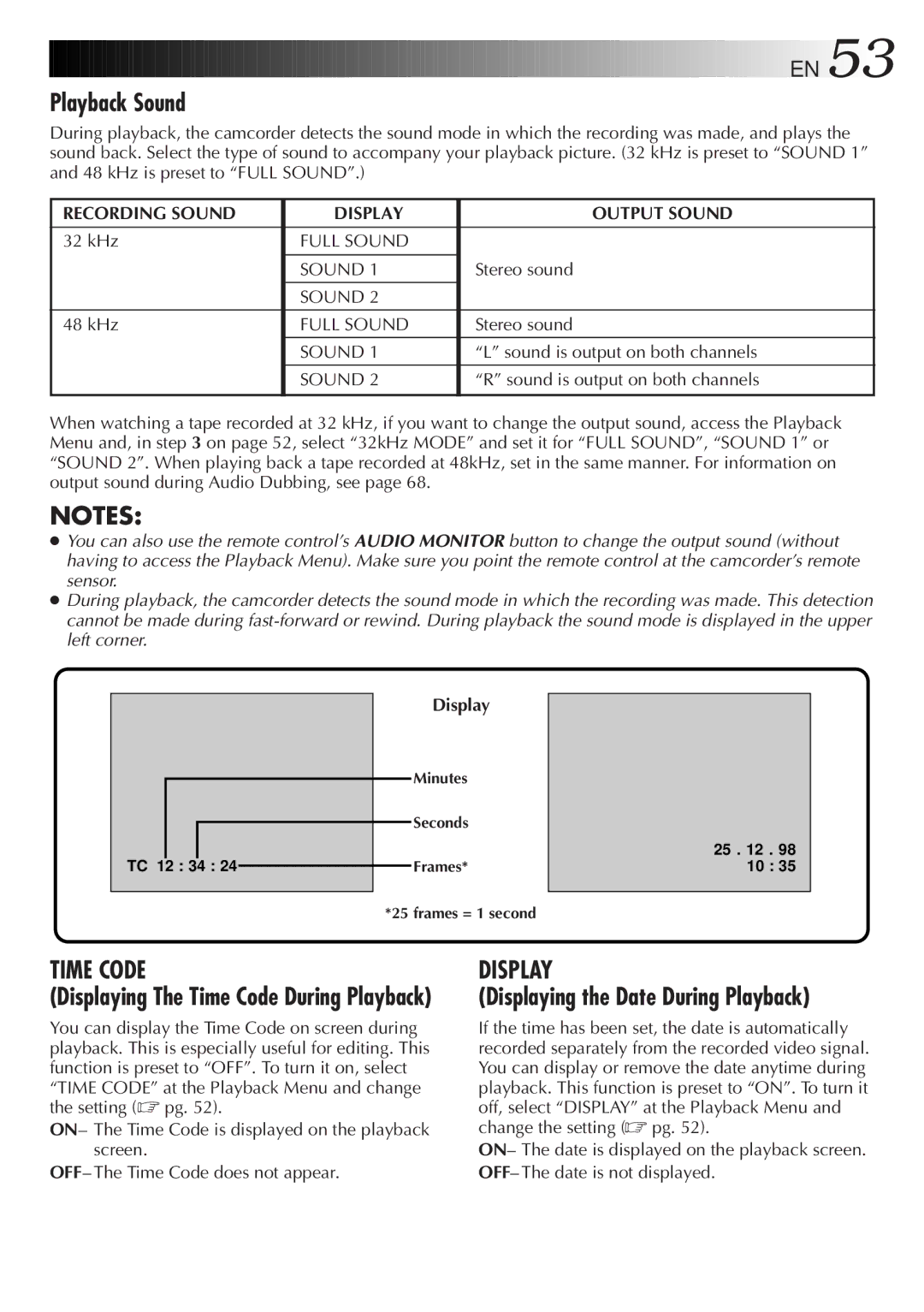 JVC LYT0201-001A manual Playback Sound, Displaying the Date During Playback, Displaying The Time Code During Playback 