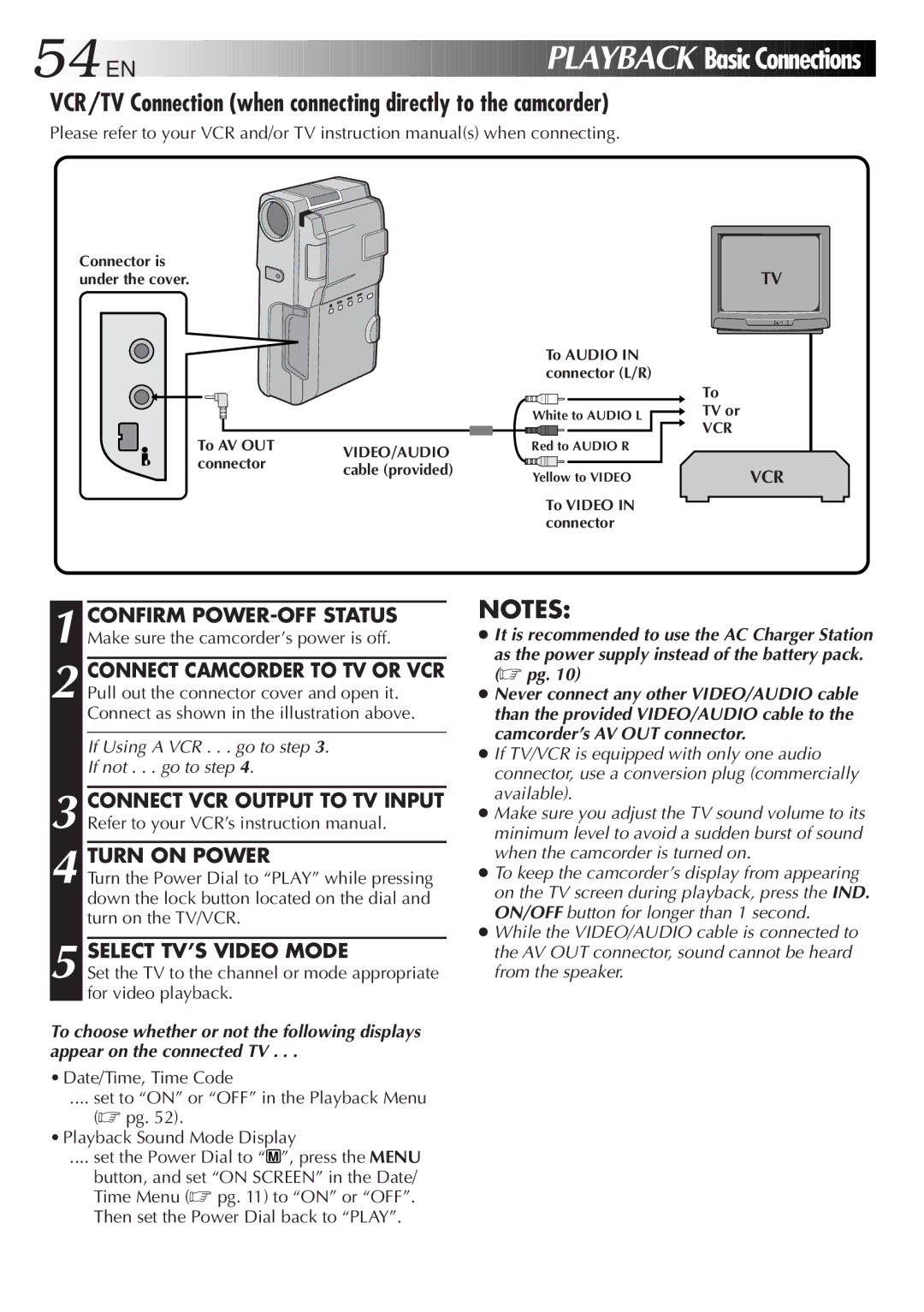 JVC LYT0201-001A manual VCR/TV Connection when connecting directly to the camcorder, Turn on Power, Select TV’S Video Mode 