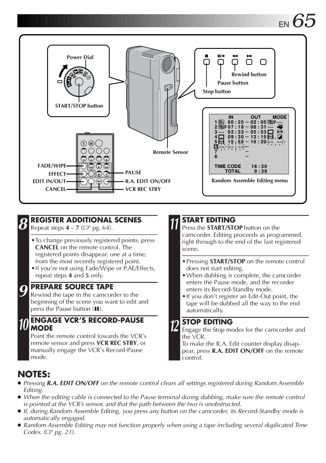 JVC LYT0201-001A manual Engagemode VCR’S RECORD-PAUSE, Start Editing, Stop Editing 