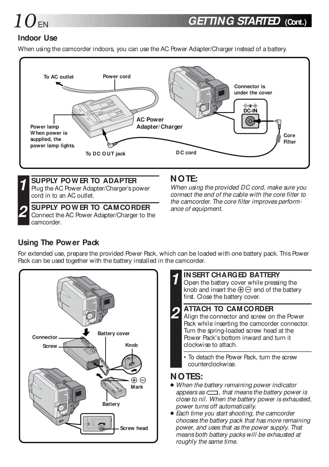 JVC LYT0216-001B specifications 10 EN, Indoor Use, Using The Power Pack, Attach to Camcorder 