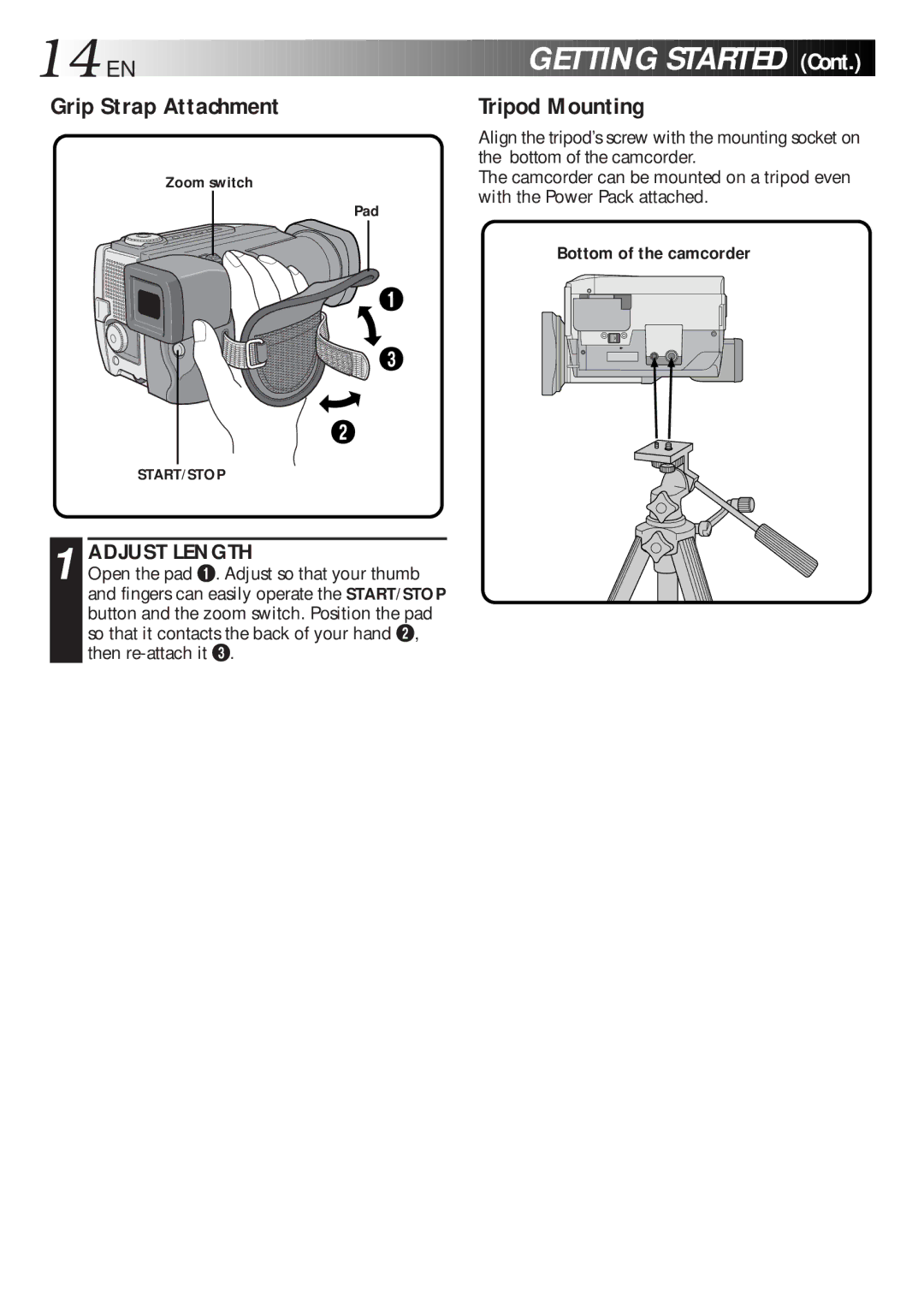 JVC LYT0216-001B specifications 14 EN, Grip Strap Attachment, Tripod Mounting, Adjust Length, Bottom of the camcorder 