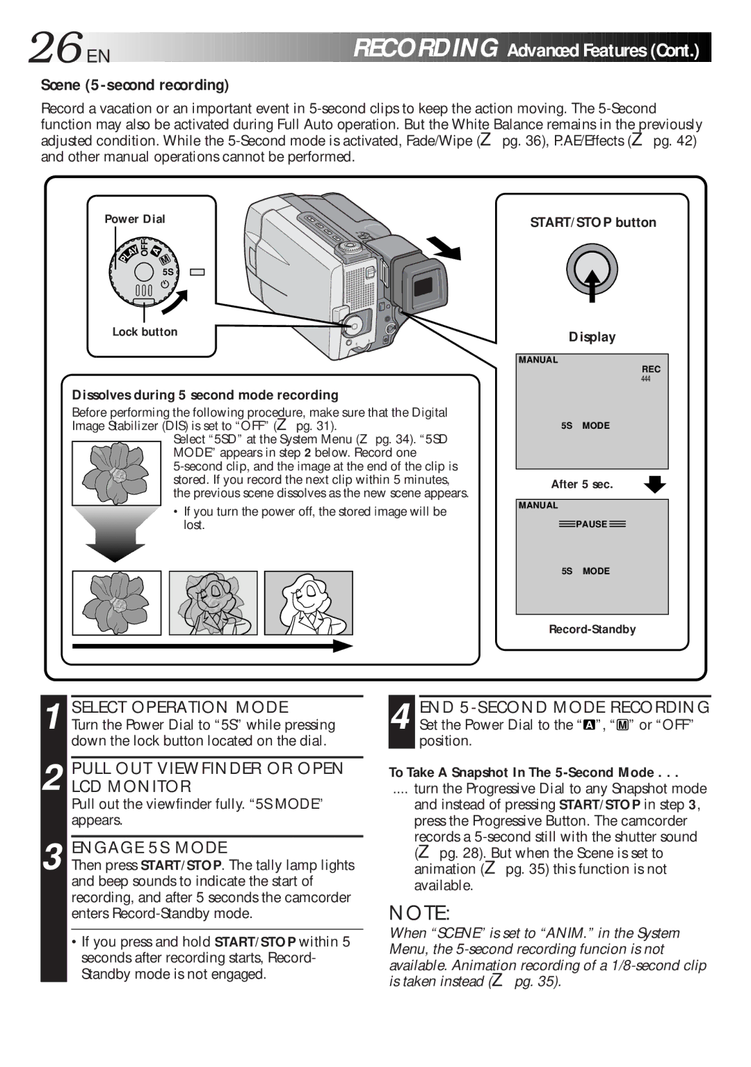 JVC LYT0216-001B specifications Scene 5-second recording, Engage 5S Mode, Dissolves during 5 second mode recording 