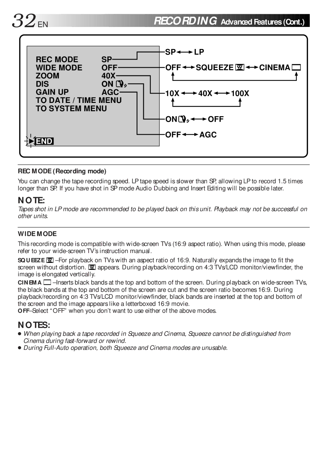 JVC LYT0216-001B specifications REC Mode Recording mode, Wide Mode 