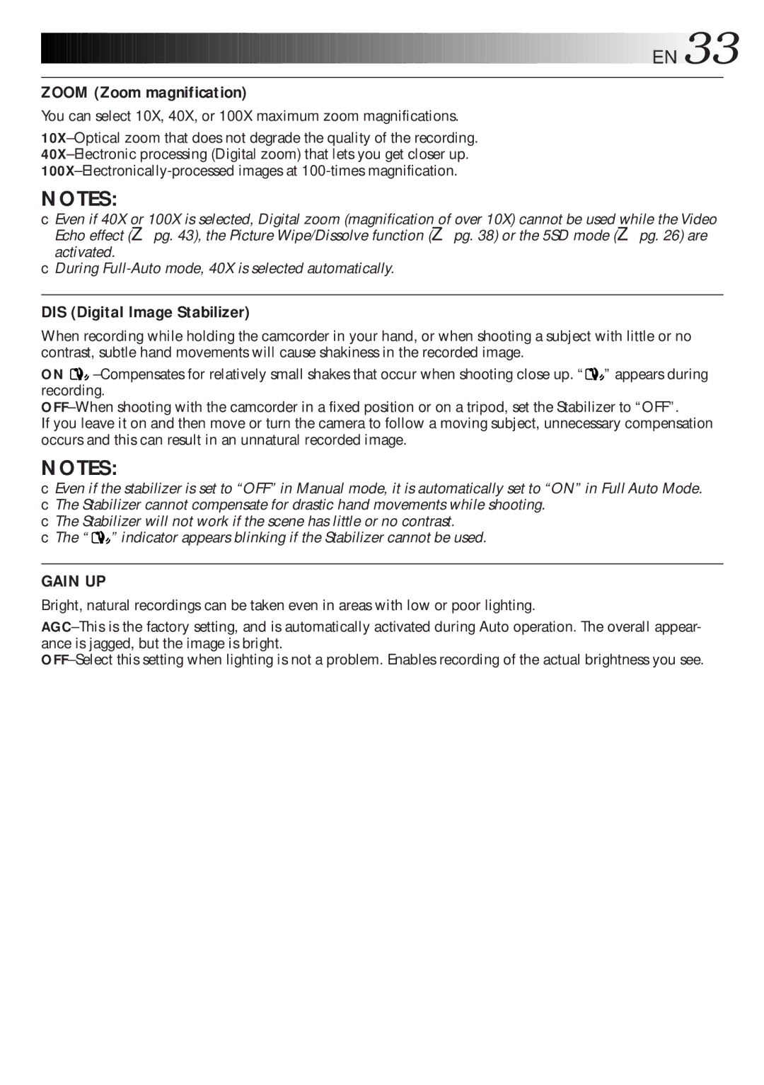 JVC LYT0216-001B specifications Zoom Zoom magnification, DIS Digital Image Stabilizer 