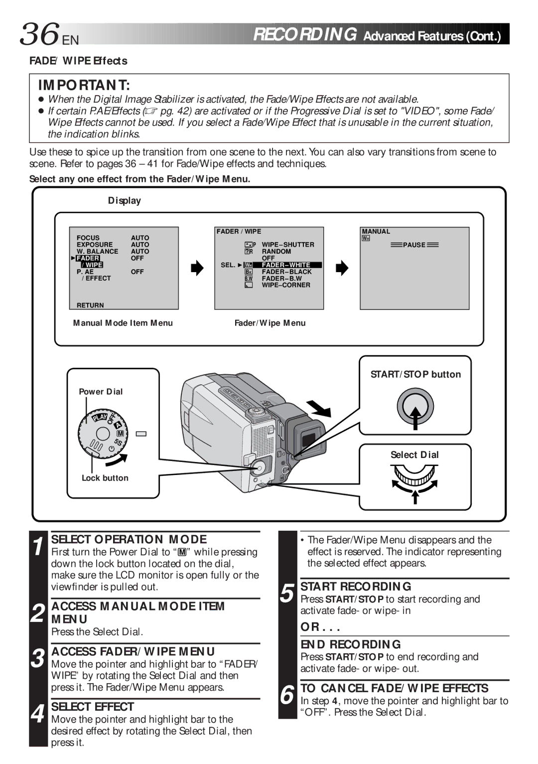 JVC LYT0216-001B specifications FADE/WIPE Effects, Accessmenu Manual Mode Item, Access FADER/WIPE Menu, Select Effect 