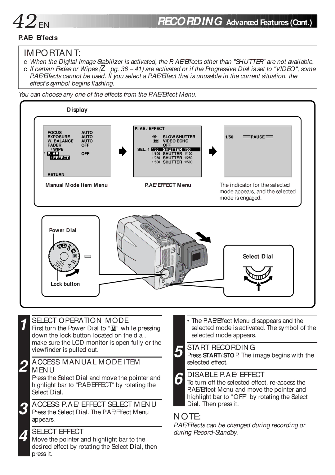 JVC LYT0216-001B AE/Effects, Disable P.AE/EFFECT, Press START/STOP. The image begins with the selected effect 