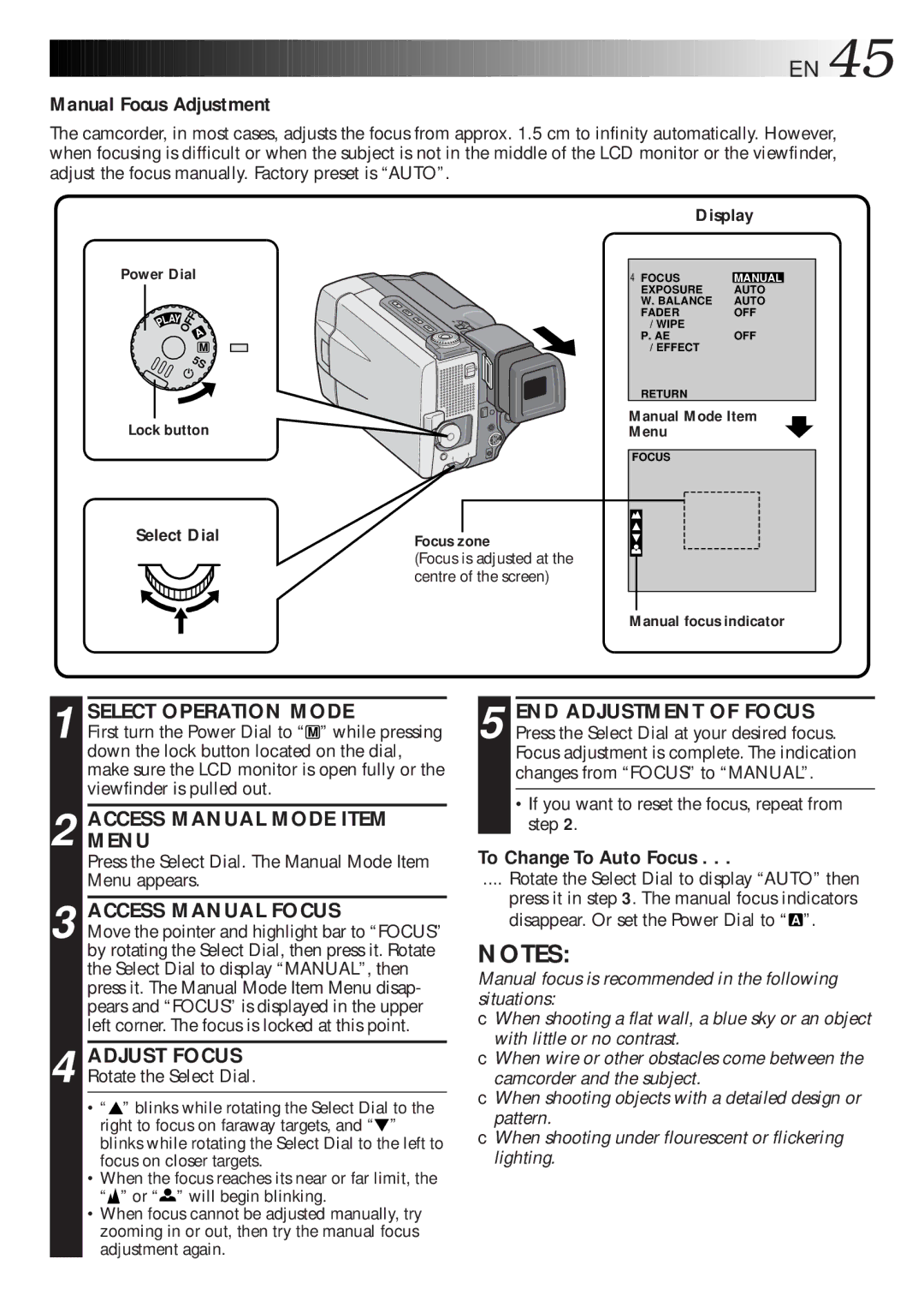 JVC LYT0216-001B specifications Manual Focus Adjustment, Access Manual Focus, Adjust Focus, To Change To Auto Focus 