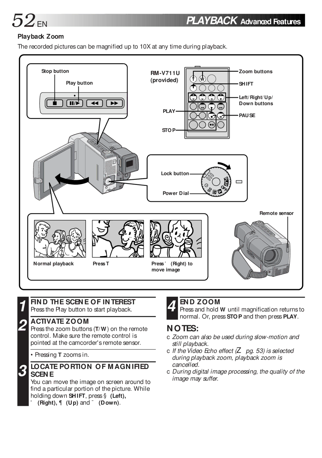 JVC LYT0216-001B specifications 52 EN, Playback Zoom, Activate Zoom, Locatescene Portion of Magnified, END Zoom 